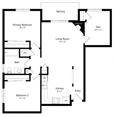 Floor plan for 2 beds, 1 bath, 996 sqft